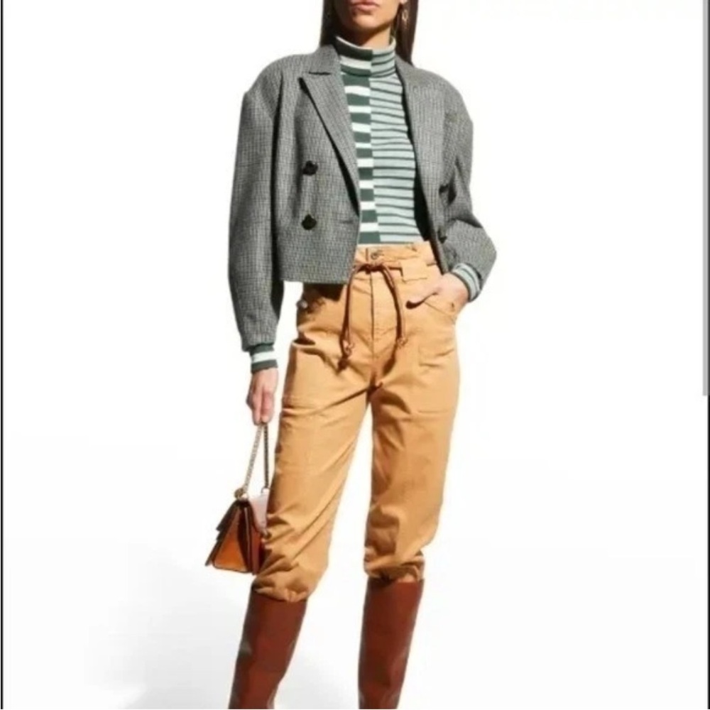 Veronica Beard Camel Color Straight Leg Jeans w Pleats Detail at Waist High Rise
